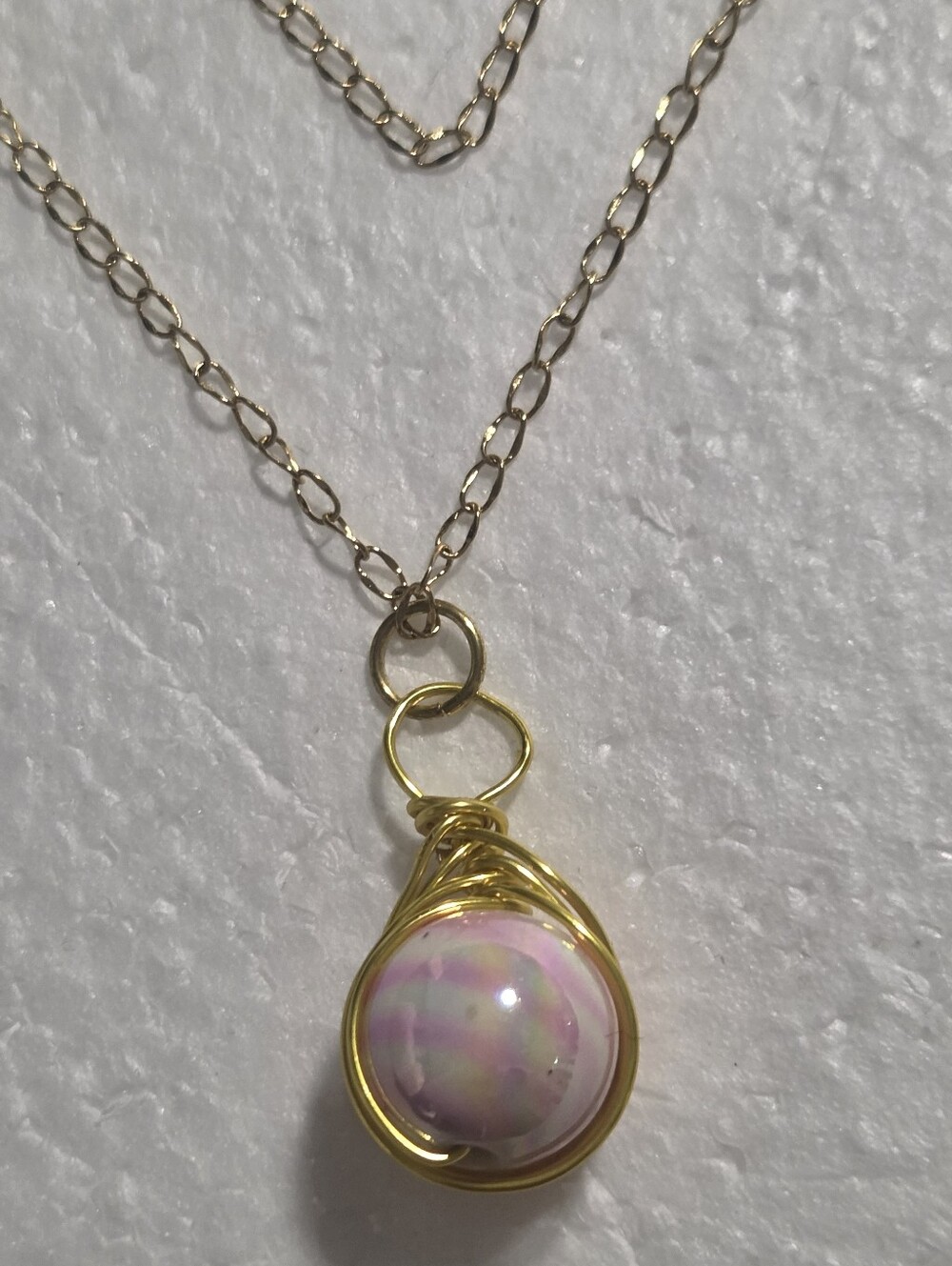 Handcrafted Gold Wire-Wrapped Pink Bead Pendant Necklace